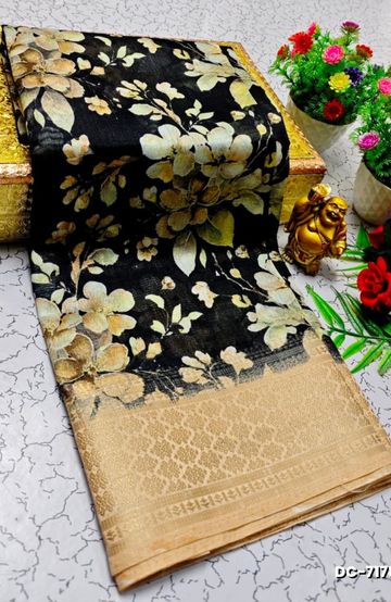 Dailywear cotton sarees all over body flower designpattern design premium look lightweight comfortable wear - BLACK