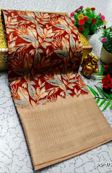 Dailywear cotton sarees all over body leaf designpattern design premium look lightweight comfortable wear - BROWN COLOUR
