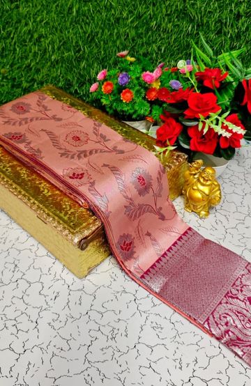 Traditional linen cotton saree comfort meets traditional flower design - RED