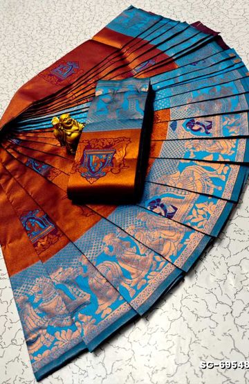 BRIDAL SILK GOLD SILVAR AND COPPER ZARI WEAVE AND WEDDING ART SILK SAREES - PEACKOK BLUE (4)