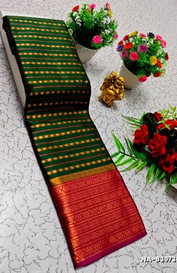 Narayani Cotton with Classic Zari Temple Border - BOTTLE GREEN