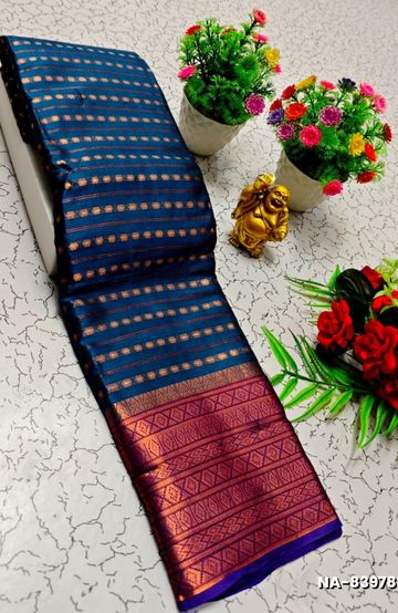 Narayani Cotton with Classic Zari Temple Border - PEACKOK BLUE