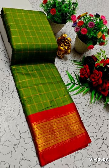 Traditional Checked Silk Saree Premium Design Border Zari Design - LITE GREEN