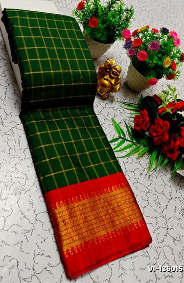 Traditional Checked Silk Saree Premium Design Border Zari Design - GREEN