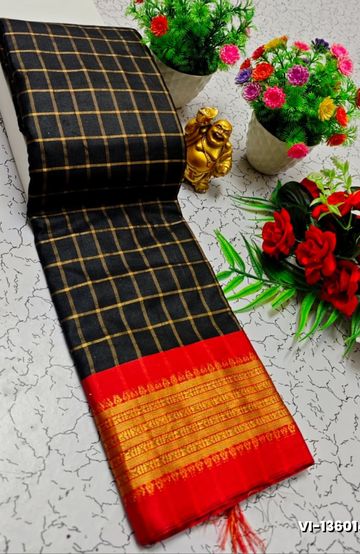 Traditional Checked Silk Saree Premium Design Border Zari Design - BLACK