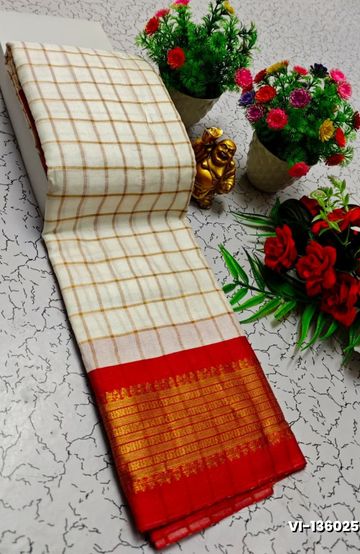 Traditional Checked Silk Saree Premium Design Border Zari Design - WHITE