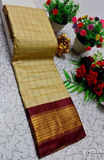 Traditional Checked Silk Saree Premium Design Border Zari Design - SANDLE