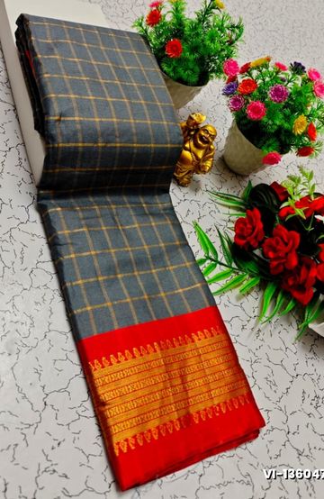 Traditional Checked Silk Saree Premium Design Border Zari Design - GRAY