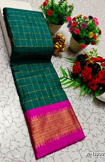 Traditional Checked Silk Saree Premium Design Border Zari Design - TEAL COLOUR