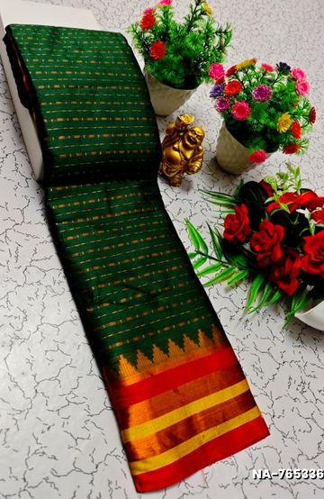BRIDAL SILK GOLD SILVAR AND COPPER ZARI WEAVE AND WEDDING ART SILK SAREES - BOTTLE GREEN