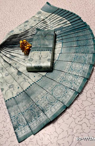 Trending Kerala Onam Special Kasavu Saree Full Work Embossed Digital Printing Cotton Saree Collections - WHITE N