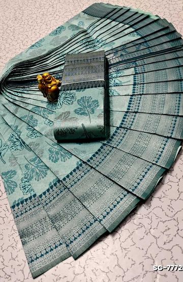 Soft Net Saree with Shimmering Weave and Designer Digital Print Blouse - MEHENDHI GREEN