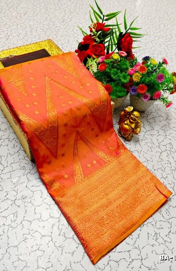 1000 Butta premium Soft Silk Saree weddings, festivals, traditional Wear - LIGHT ORANGE