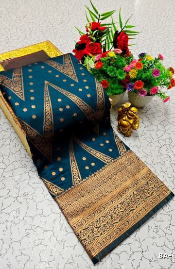 1000 Butta premium Soft Silk Saree weddings, festivals, traditional Wear - PEACKOK BLUE (1)