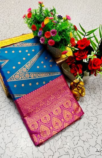 1000 Butta premium Soft Silk Saree weddings, festivals, traditional Wear - BLUE COLOUR (1)