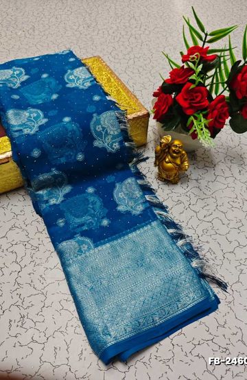 BRIDAL SILK GOLD SILVAR AND COPPER ZARI WEAVE AND WEDDING ART SILK SAREES - SLATE COLOUR