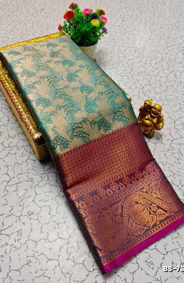 BRIDAL SILK GOLD SILVAR AND COPPER ZARI WEAVE AND WEDDING ART SILK SAREES - BABY PINK (7)