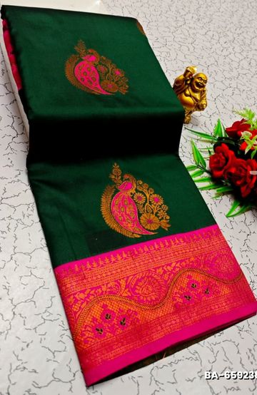 Premium Meena work Soft Silk Saree weddings, festivals, traditional Wear - DARK GREEN