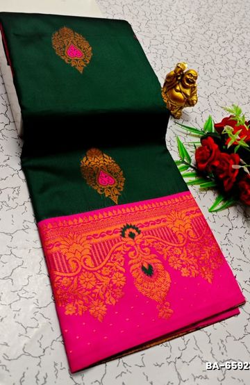 Premium Meena work Soft Silk Saree weddings, festivals, traditional Wear - BOTTLE GREEN (1)