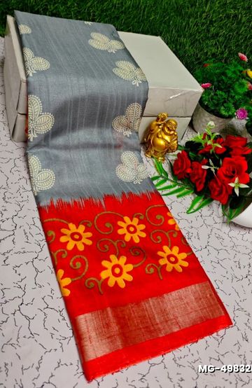 Traditional linen cotton saree comfort meets traditional flower design - RED