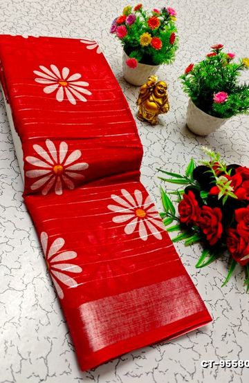 Traditional linen cotton saree comfort meets traditional flower design - RED