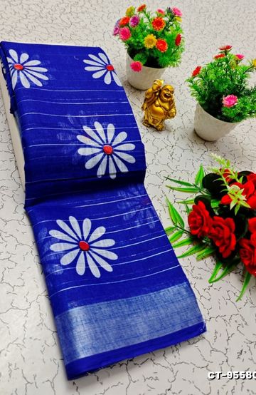 Traditional linen cotton saree comfort meets traditional flower design - ROYAL BLUE