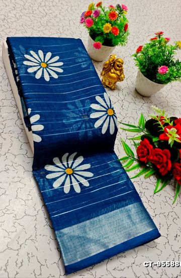 Traditional linen cotton saree comfort meets traditional flower design - PEACKOK BLUE