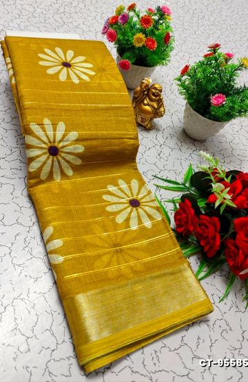 Traditional linen cotton saree comfort meets traditional flower design - VENTHAYA COLOUR