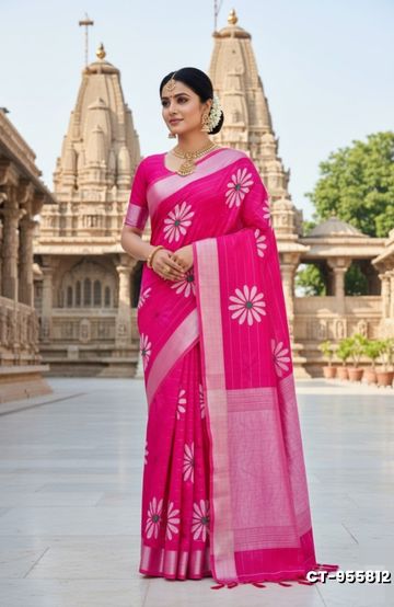 Traditional linen cotton saree comfort meets traditional flower design - PINK