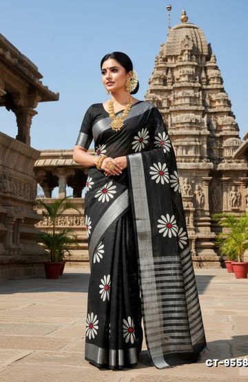 Traditional linen cotton saree comfort meets traditional flower design - BLACK