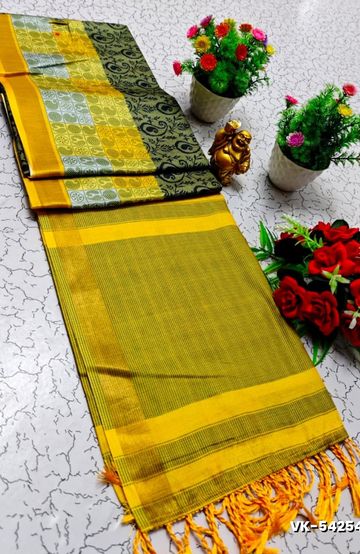 BRIDAL SILK GOLD SILVAR AND COPPER ZARI WEAVE AND WEDDING ART SILK SAREES - FLORAISON GREEN (5)