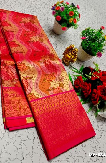 Bridal silk gold silvar and copper zari weave and wedding art silk suba muhurtha pattu sarees - PINK