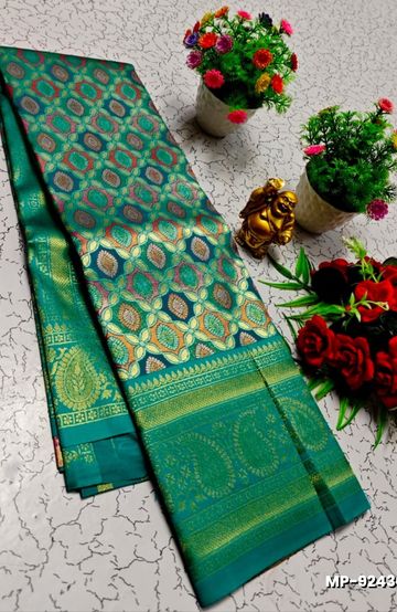 Bridal silk gold silvar and copper zari weave and wedding art silk suba muhurtha pattu sarees - TEAL COLOUR