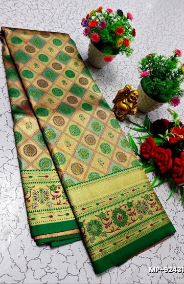 Bridal silk gold silvar and copper zari weave and wedding art silk suba muhurtha pattu sarees - GREEN (1)