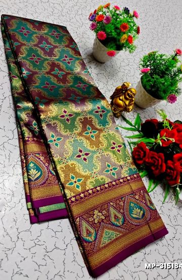 Bridal silk gold silvar and copper zari weave and wedding art silk suba muhurtha pattu sarees - WINE COLOUR (1)