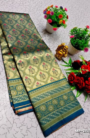 Bridal silk gold silvar and copper zari weave and wedding art silk suba muhurtha pattu sarees - TEAL COLOUR (1)