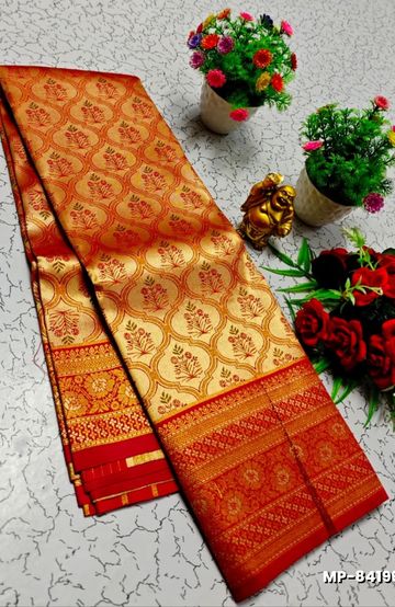 Luxurious heavy work blouse fabric with floral goldwork jaal border - REXONA (5)