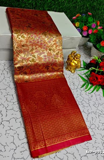BRIDAL SILK GOLD SILVAR AND COPPER ZARI WEAVE AND WEDDING ART SILK SAREES - LIGHT SANDLE (5)