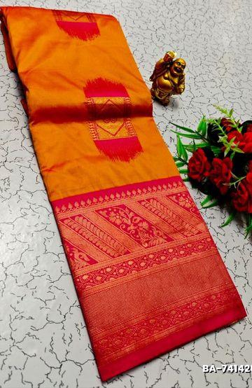 Banaras with our banarasi cotton fabric a beautiful fusion of classic artistry and breathable comfort wear saree - CORAL COLOUR