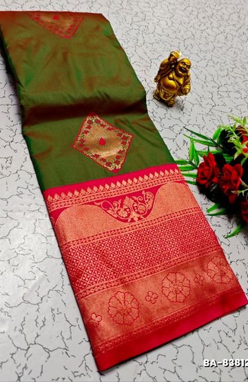 BRIDAL SILK GOLD SILVAR AND COPPER ZARI WEAVE AND WEDDING ART SILK SAREES - ORANGE (3)