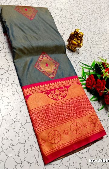 Soft Net Saree with Shimmering Weave and Designer Digital Print Blouse - MEHENDHI GREEN