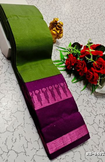 Lightweight Plain Cotton Saree with Retta Petta Zari Border - LITE GREEN