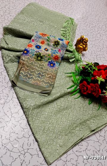 Soft Net Saree with Shimmering Weave and Designer Digital Print Blouse - LIGHT GREEN