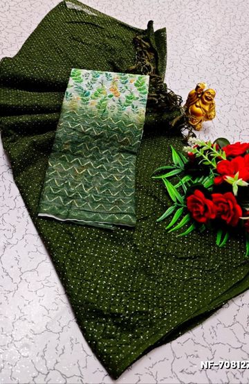 Soft Net Saree with Shimmering Weave and Designer Digital Print Blouse - MEHENDHI GREEN