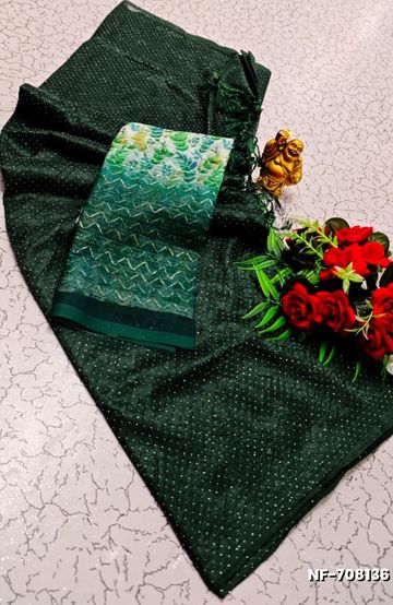 Soft Net Saree with Shimmering Weave and Designer Digital Print Blouse - BOTTLE GREEN