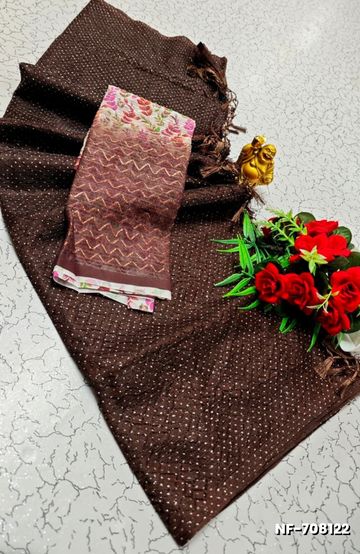 Soft Net Saree with Shimmering Weave and Designer Digital Print Blouse - COFEE BROWN