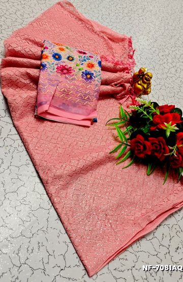 Soft Net Saree with Shimmering Weave and Designer Digital Print Blouse - LITE PEACH