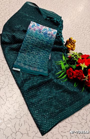 Soft Net Saree with Shimmering Weave and Designer Digital Print Blouse - PEACOCK GREEN