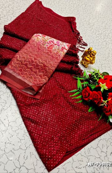 Soft Net Saree with Shimmering Weave and Designer Digital Print Blouse - MAROON COLOR