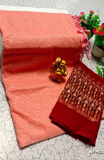 Soft Net Saree with Shimmering Weave and Designer Work Blouse - LITE PEACH